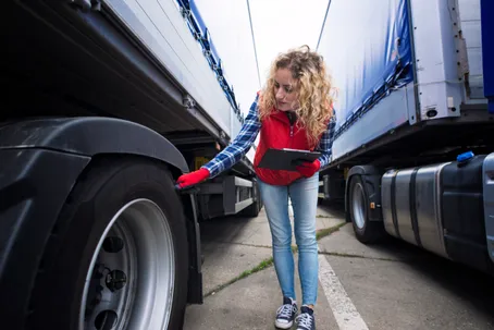 Truck driver checking vehicle tires and inspecting the truck before a ride
